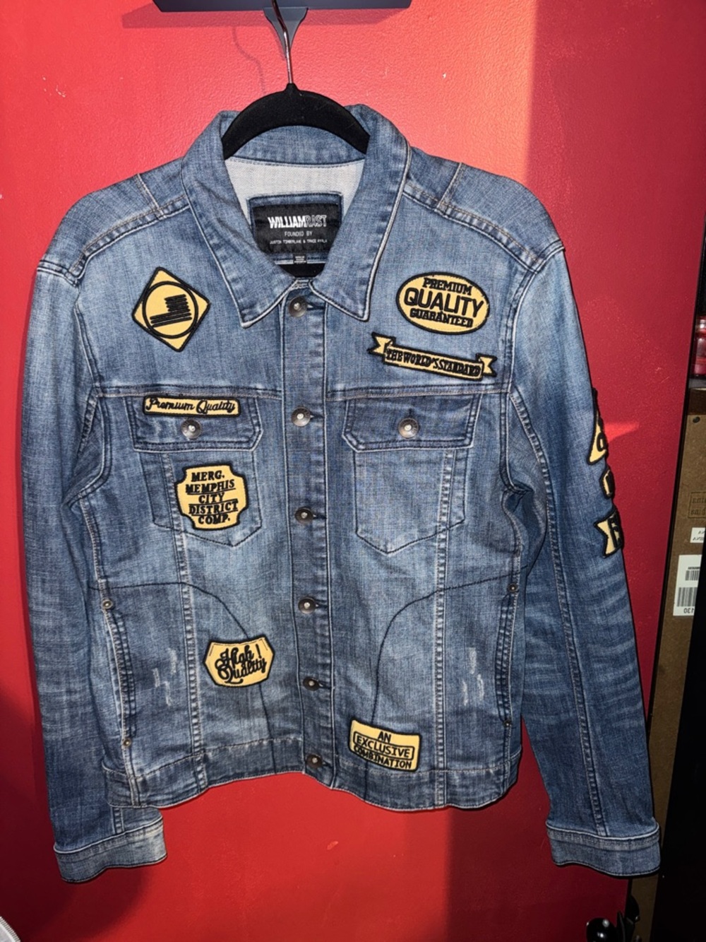 William Rast/Justin Timberlake Light Blue Denim Jacket with Yellow Patch Accents